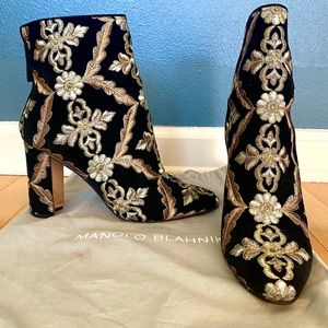 Manolo Blahnik embroidered velvet ankle boots